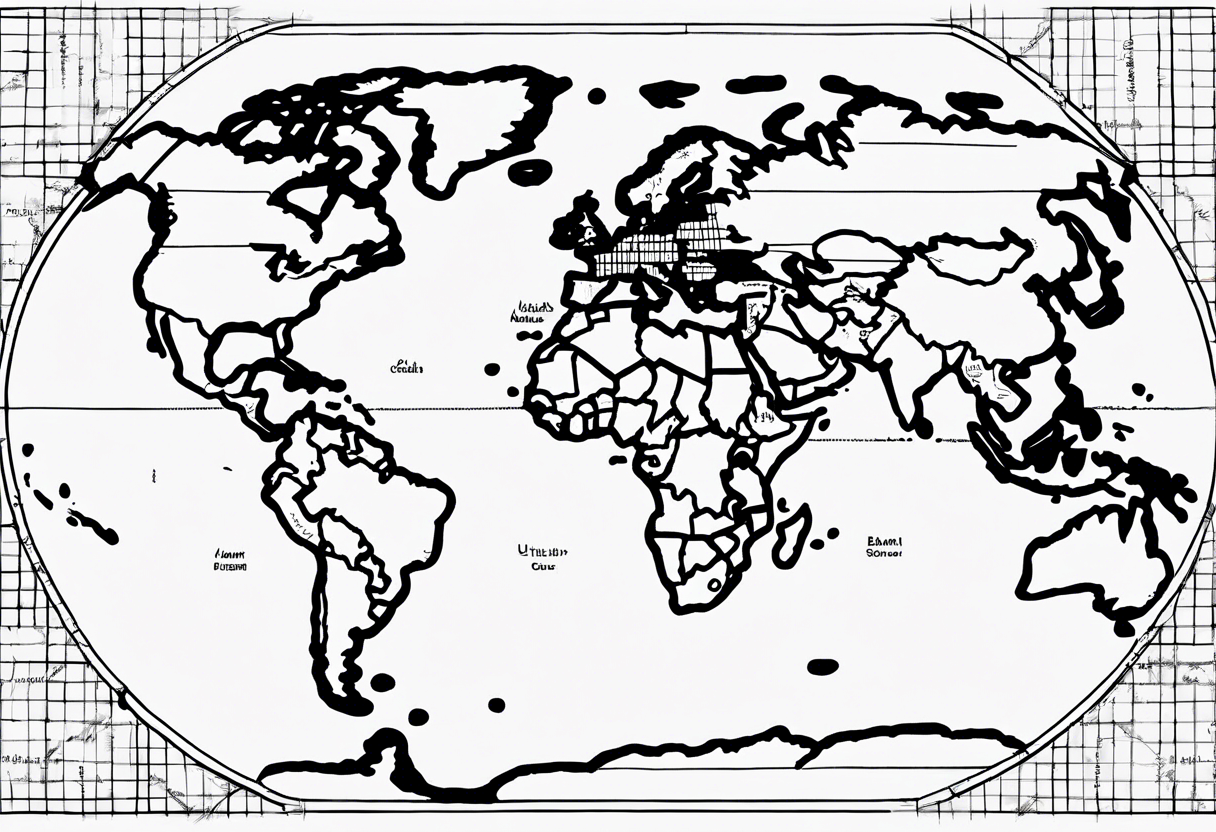 flat map of the earth with lines of a grid not shaded in with no bolding with the countries with accurate borders tattoo idea