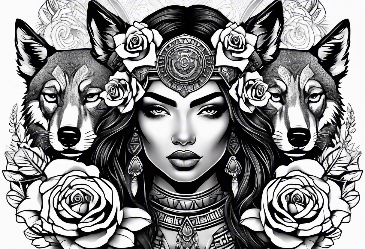 Armored Aztec woman woman with a wolf and a cored rose tattoo idea