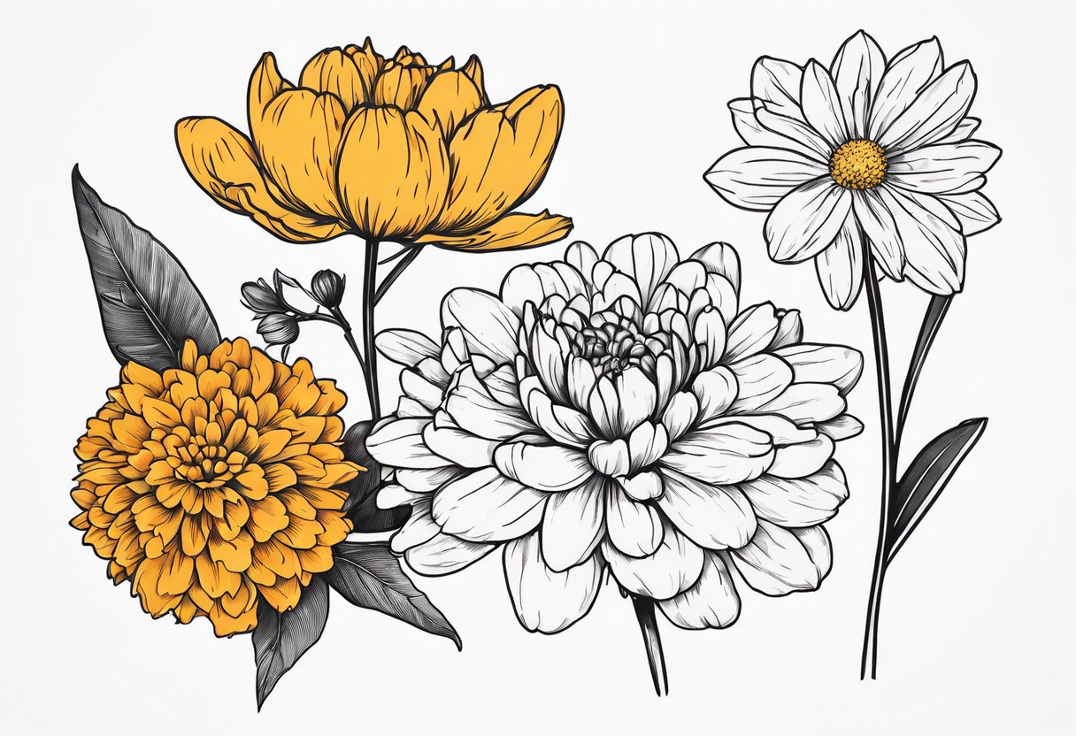 marigold, chrysanthemum, and 
narcissus side by side tattoo idea