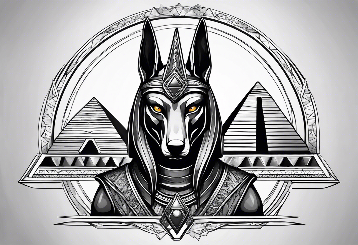 Strict Anubis portrait with pyramids on the background tattoo idea