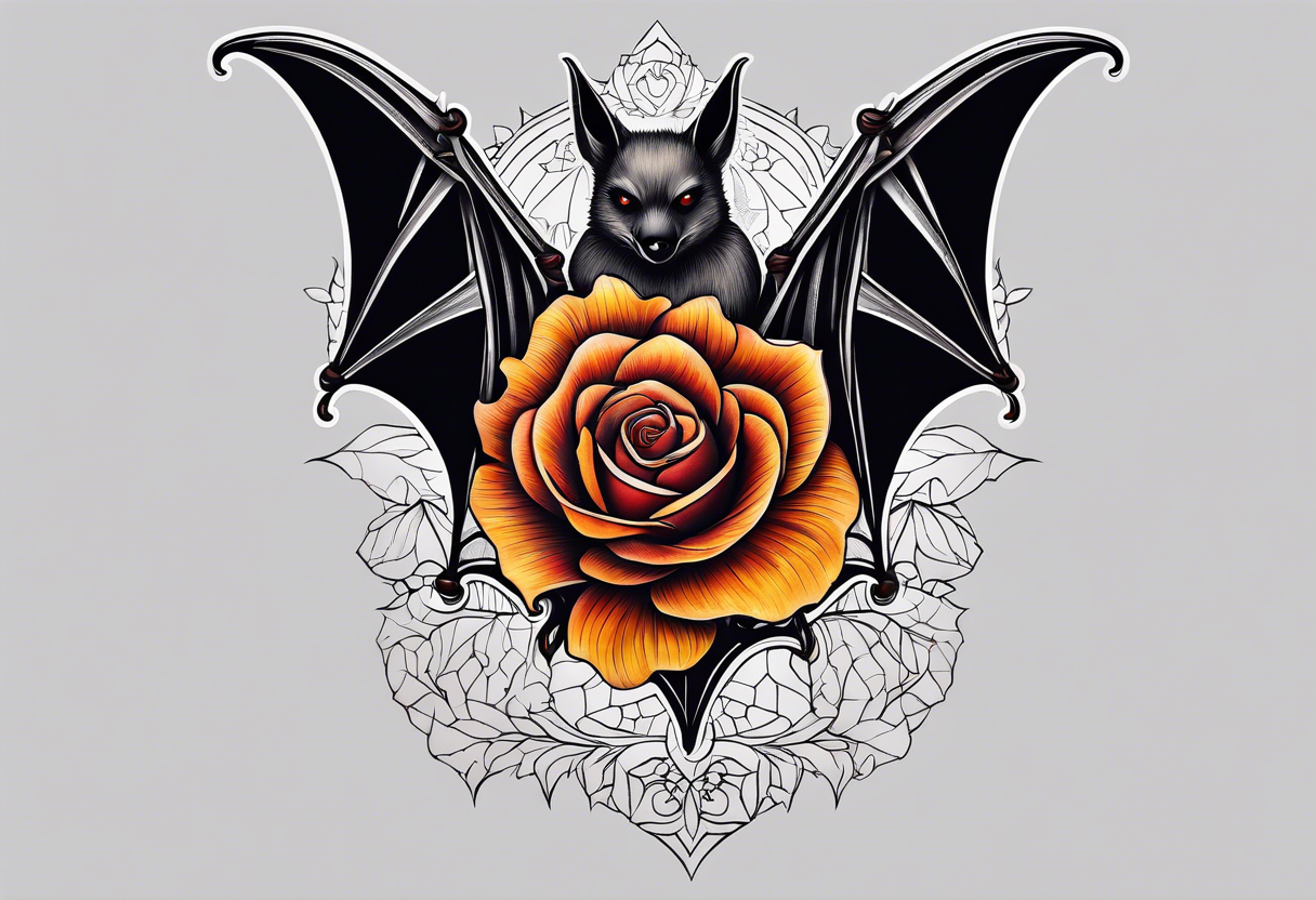 blackwork Bat Knee tattoo in fall colors with a rose tattoo idea