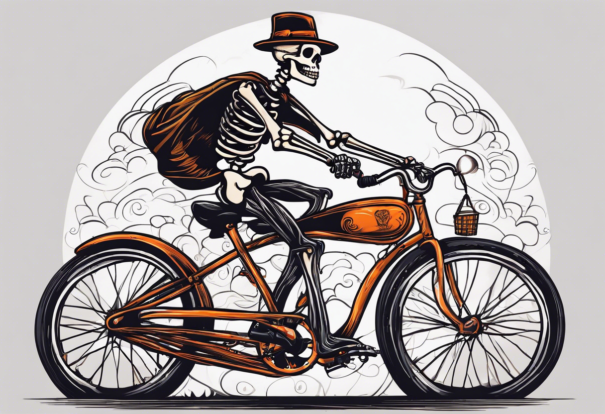 Lifelike skeleton wearing licra and cap rides a road bicycle. The skeleton is grinning at the viewer and holding a cookie in its left hand tattoo idea