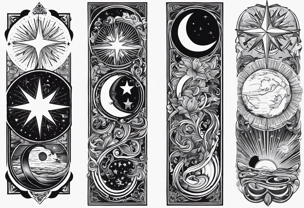 Collage for full left arm sleeve with:
a sun with a quarter moon, 
2 stars,
bass guitar, 
caduceus symbol tattoo idea