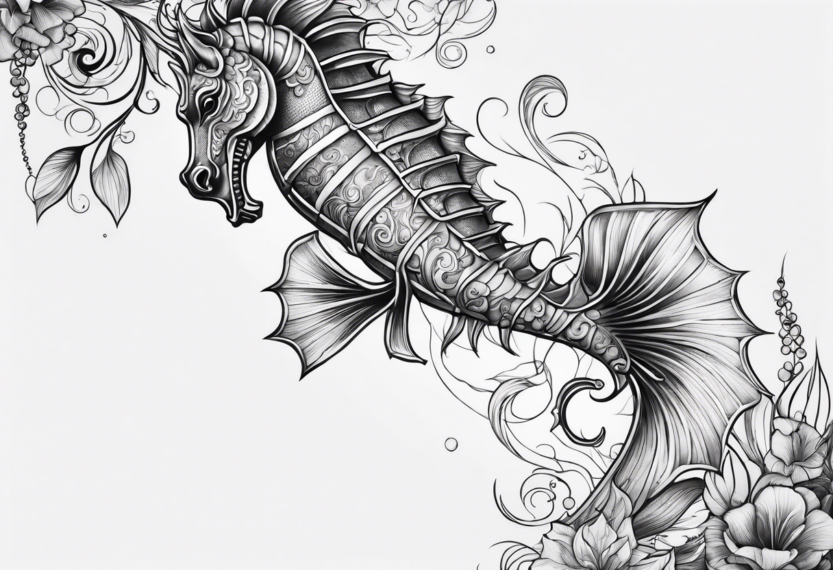 Seahorse arm tattoo with plants and sea life tattoo idea