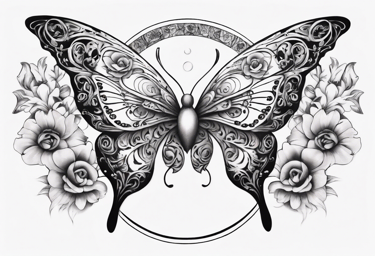 Butterfly wrap tattoos with large centre piece with moon and floral theme and heart. Bracelet around ankle show on higher ankle tattoo idea