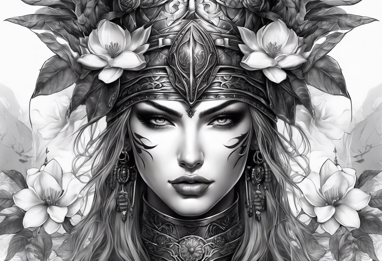 female warrior face with magnolias tattoo idea