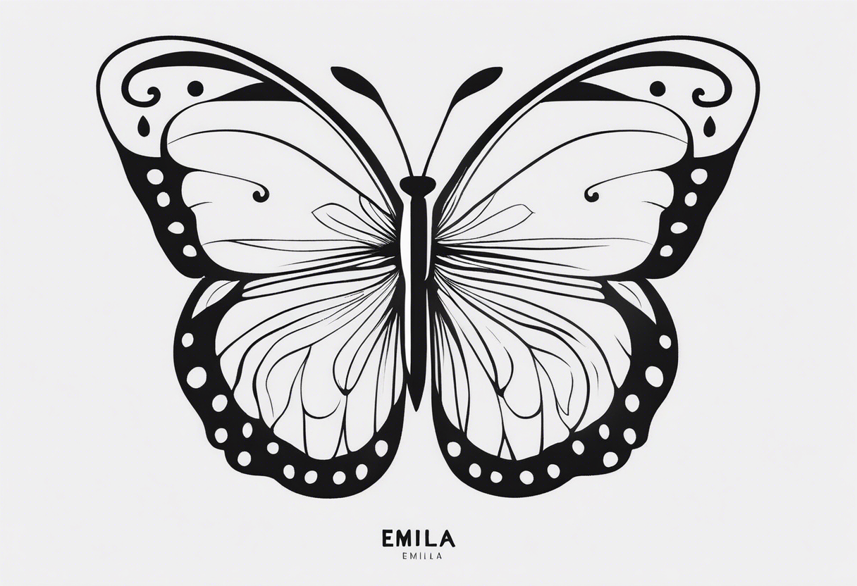 A minimalist butterfly tattoo incorporating the name Emilia in a subtle way tattoo idea
