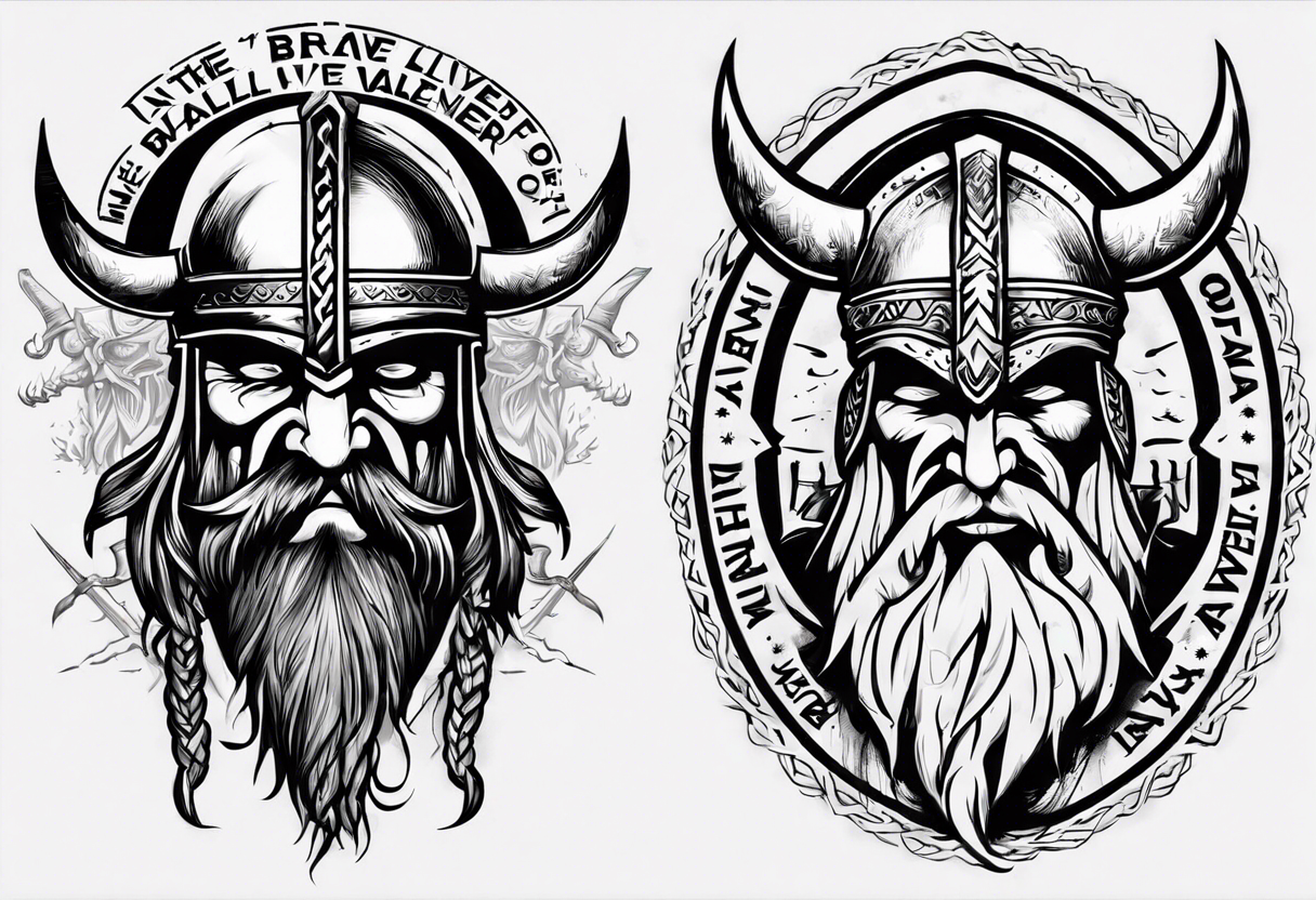 viking head with the phrase "In the Halls of Valhalla, the brave will live forever." tattoo idea