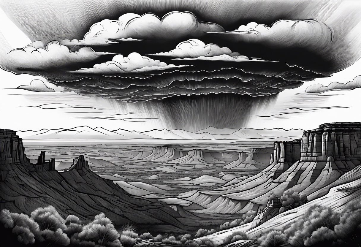 renaissance style Colorado plateau and valley with supercell cloud that captures vast aesthetic tattoo idea