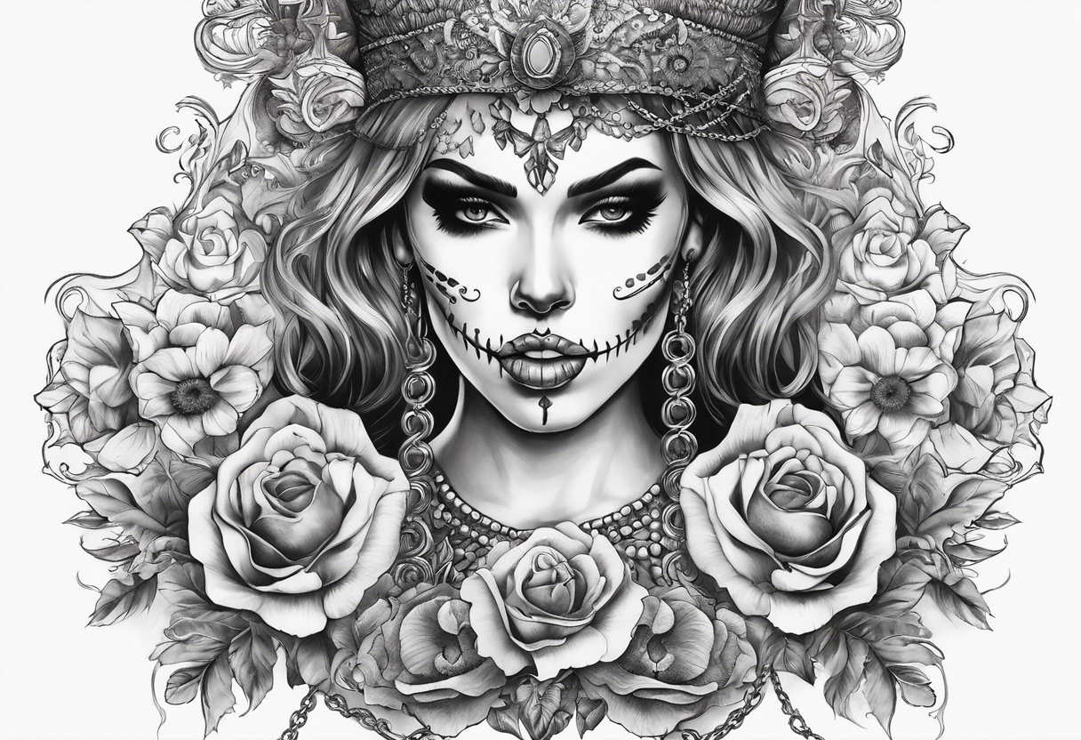 Draw me a Lady like skull with smoke out of his mouth add some flowers underneath with some ornamentals and Chains under it tattoo idea