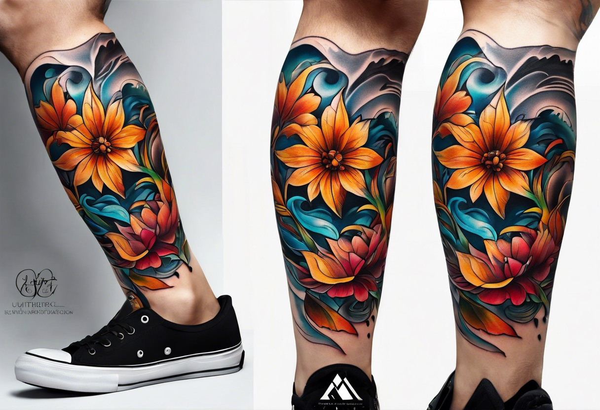 knee tattoo in fall colors with bluw water flow tattoo idea