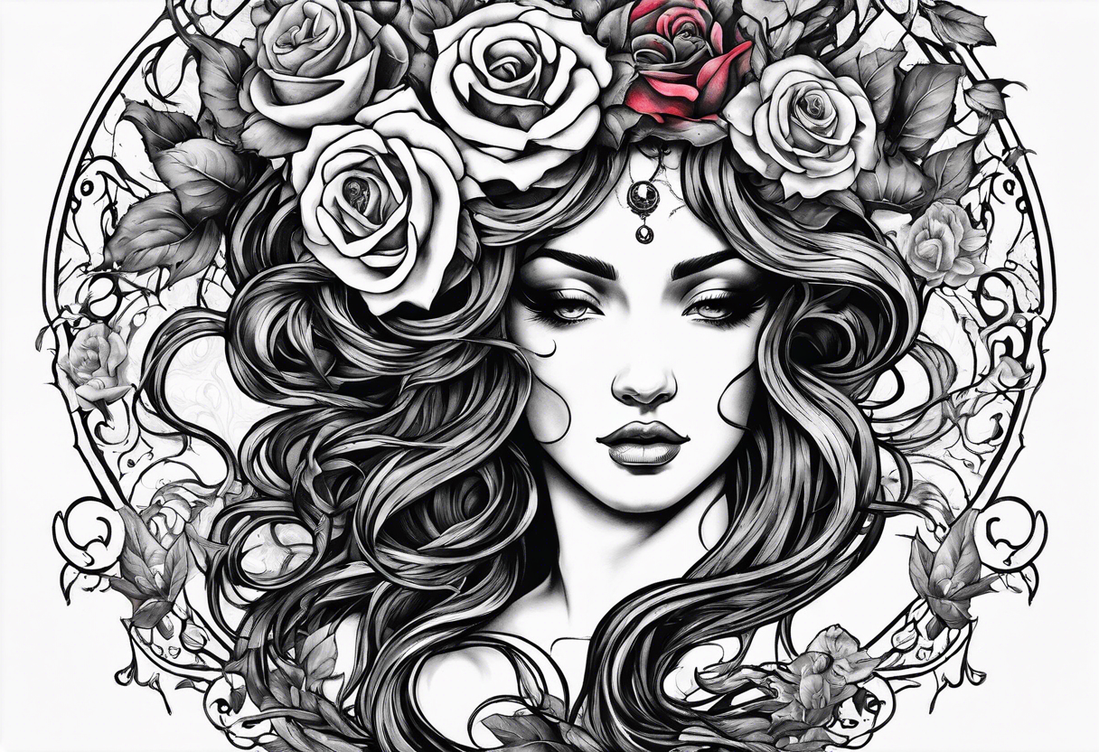 Medusa with decaying roses and the words never surrender at the base tattoo idea