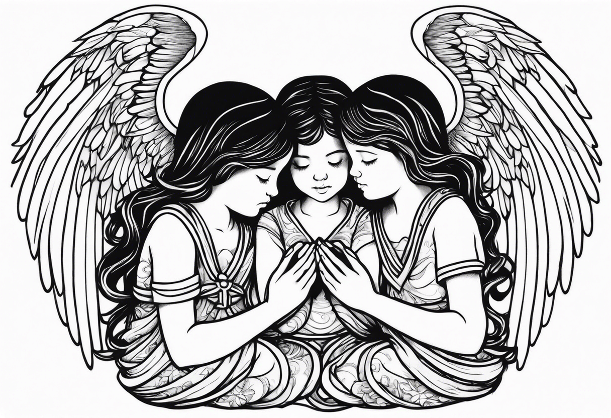 three angels praying together. The two boy angels are on either side of the girl angel, with their wings gently enfolding her in a protective embrace tattoo idea