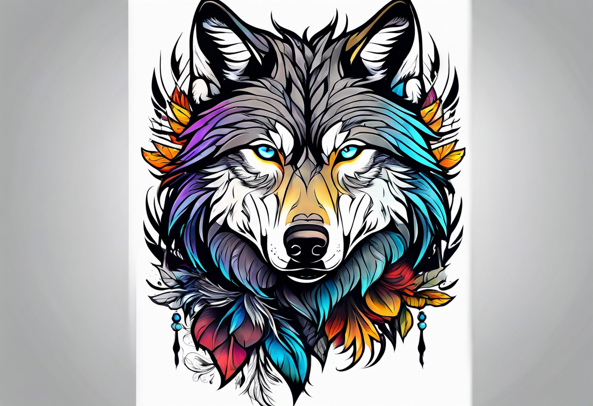 a colorful wolf with a Raven tattoo idea