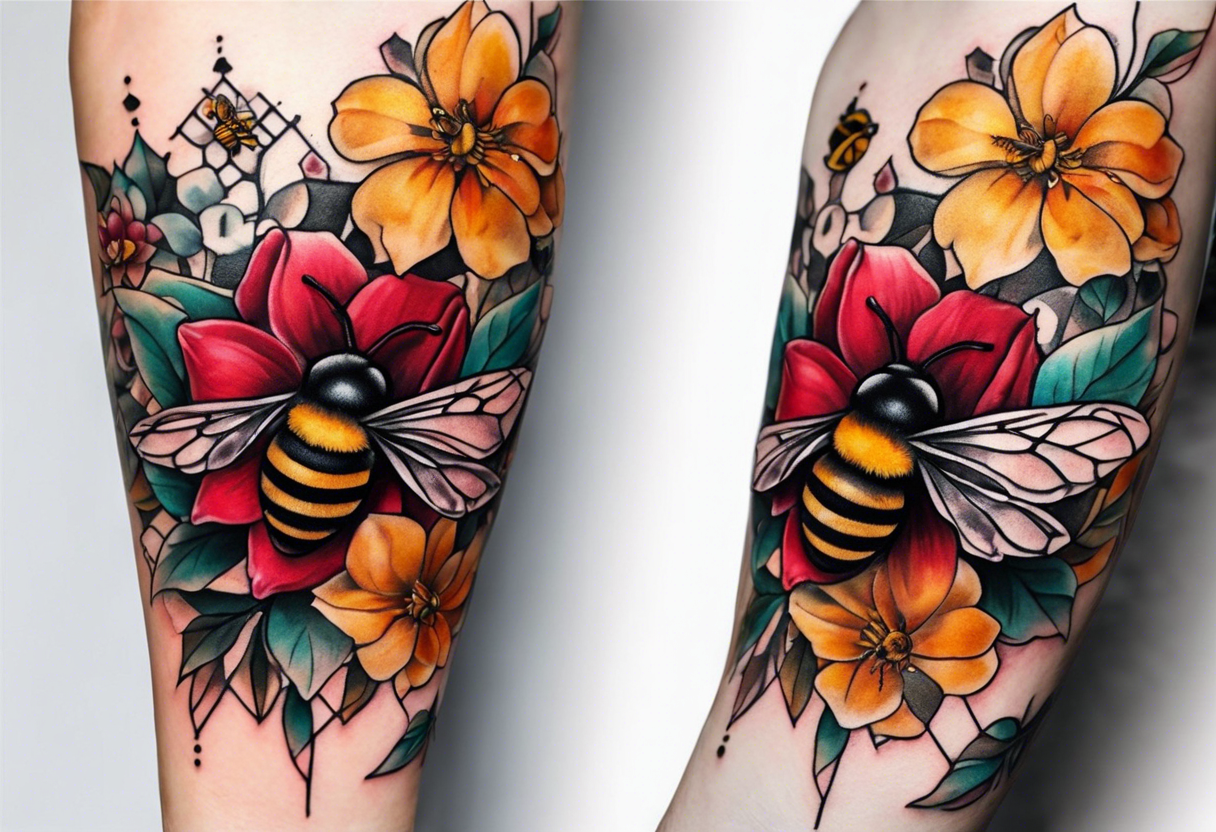 A forearm tattoo of a ruby gemstone and a honey bee tattoo idea