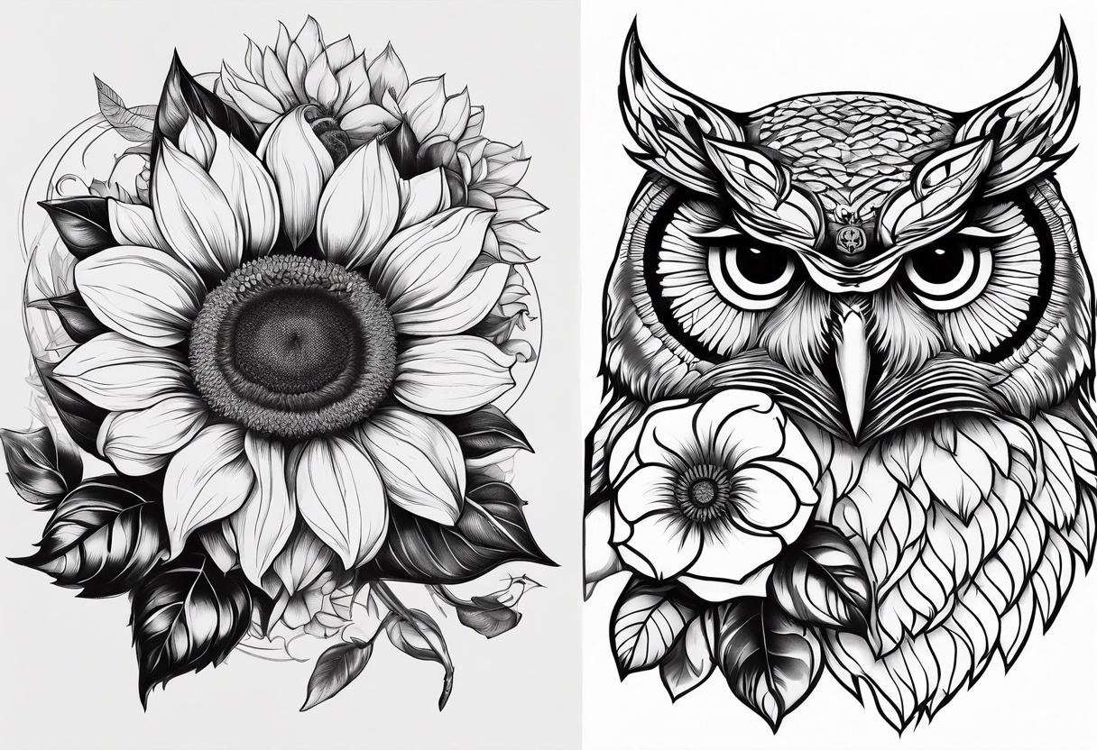 Sunflower and rose flower, owl tattoo idea