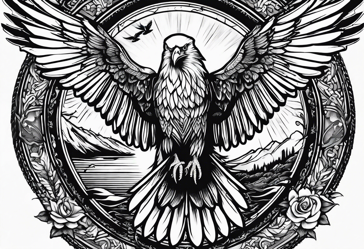 idea of pain for glory in life, discipline and catholic religion. Tattoo on the back with an eagle , 2 doves and fish tattoo idea