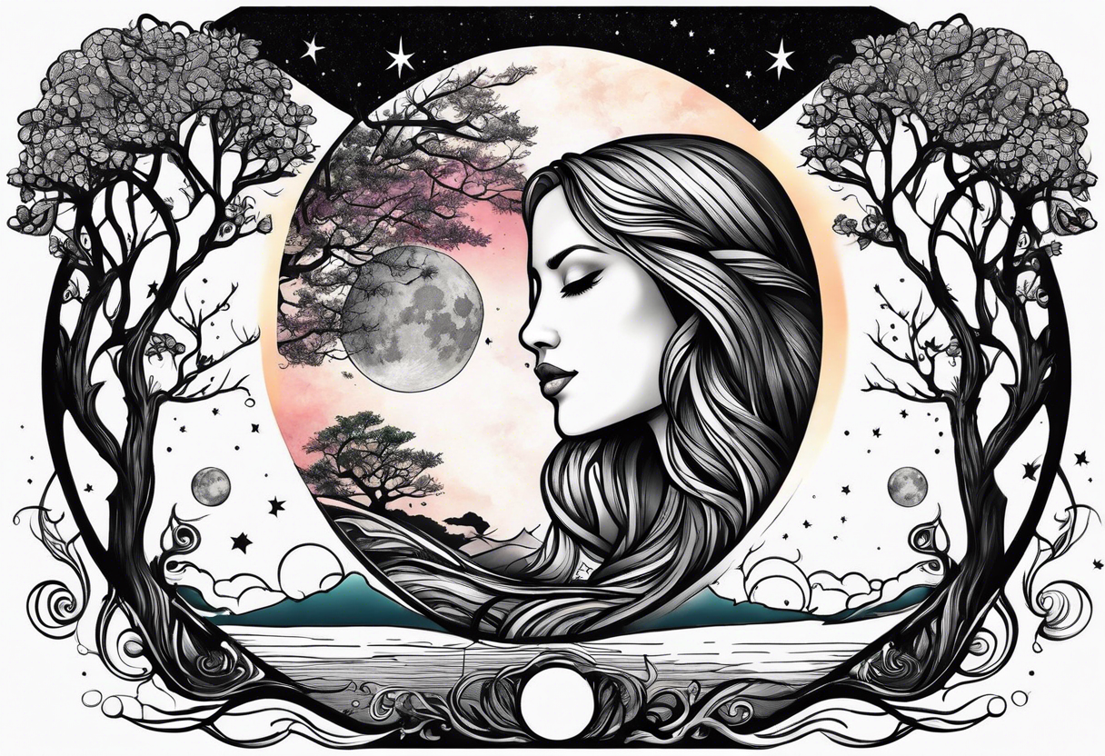 mother daughter with moon sun trees tattoo idea