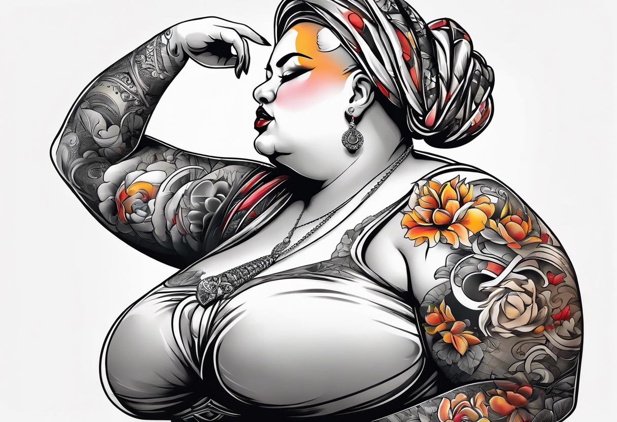 very fat lady with bald head washing dishes tattoo idea