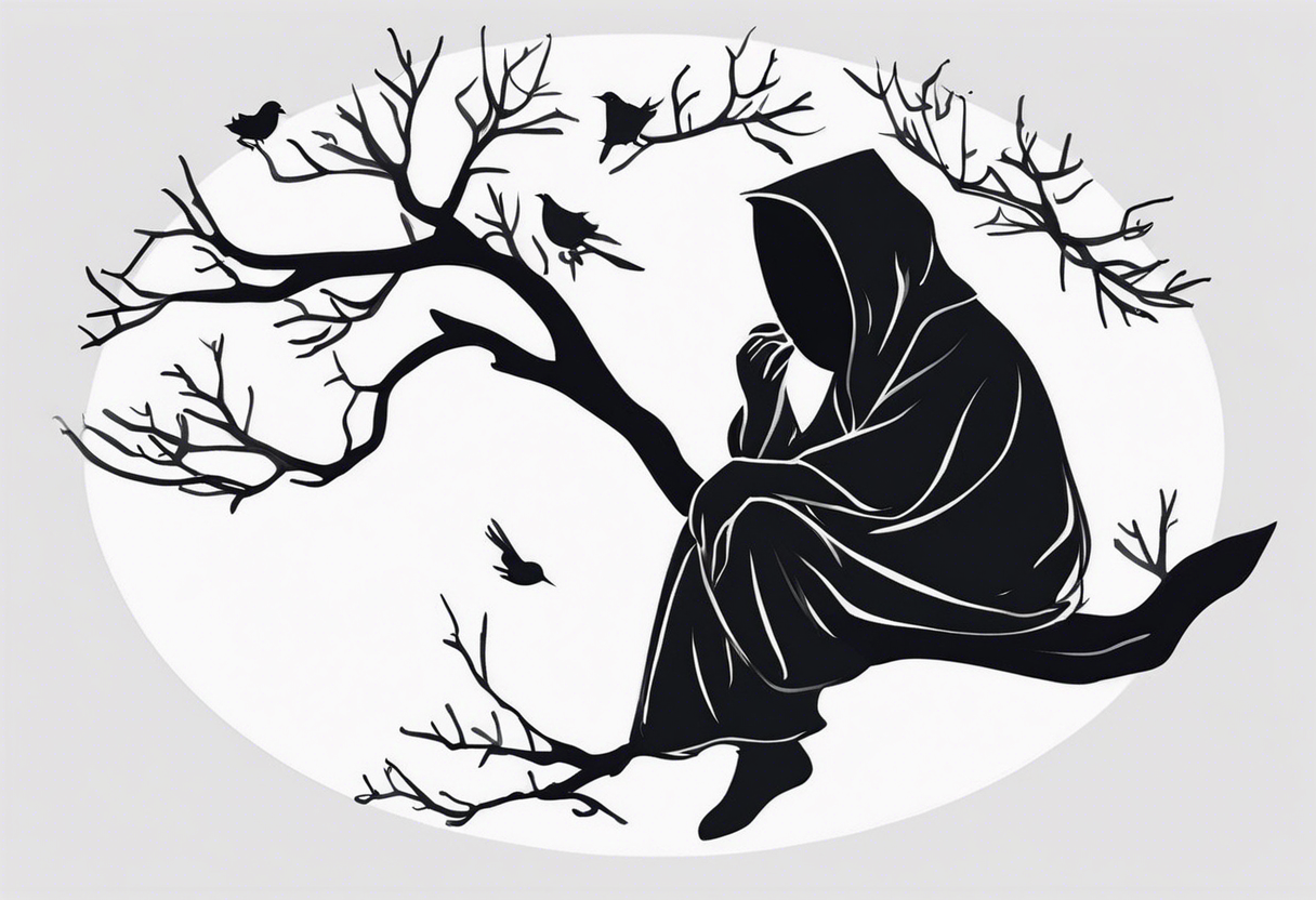 faceless, dark creatures sitting on a branch of a tree tattoo idea