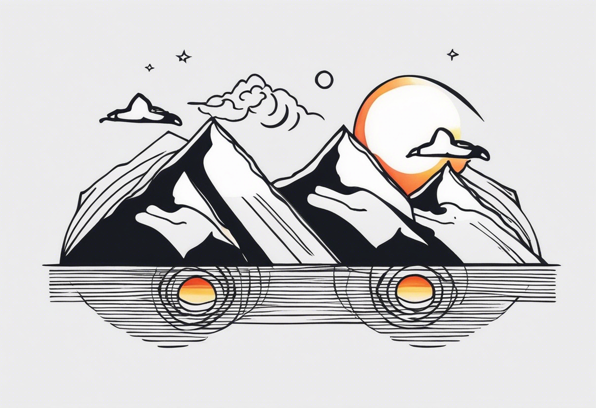 I want to 2 different tattoo design, but they will be in a matching style.
First tattoo will be mountains with a sunrise.
second tattoo will be sea with sunset. tattoo idea