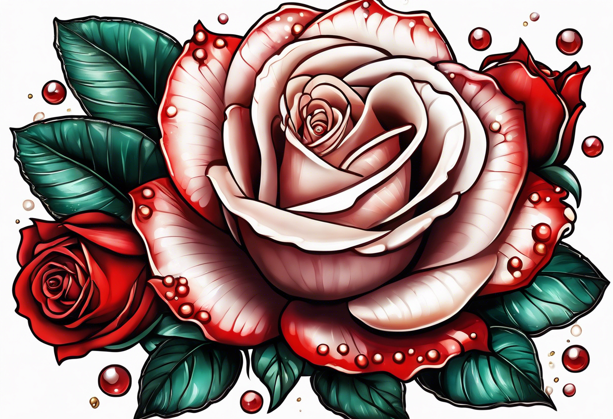 Red rose with a pearls and seashell dangling tattoo idea