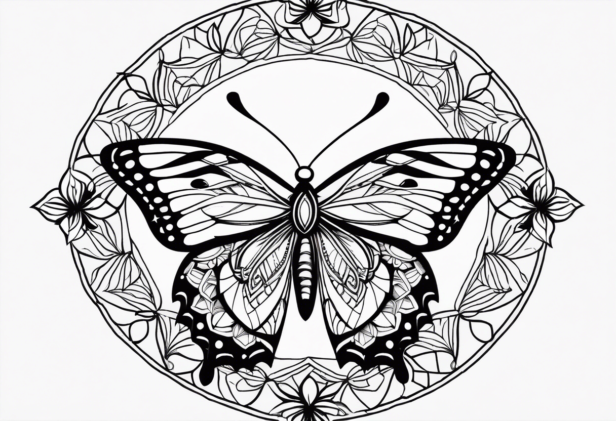 Thin Minimalistic butterfly on the background of the mandala indra’s diamond network tattoo idea