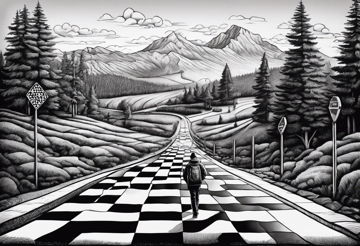 a road sign that say road to riches with a person walkin on a chessboard tattoo idea