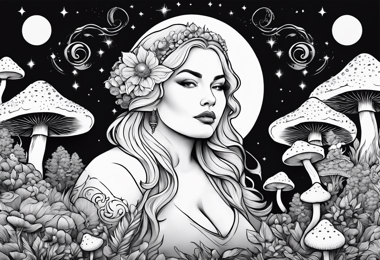 Older blonde fat woman no makeup surrounded by mushrooms mountains crescent moon background tattoo idea