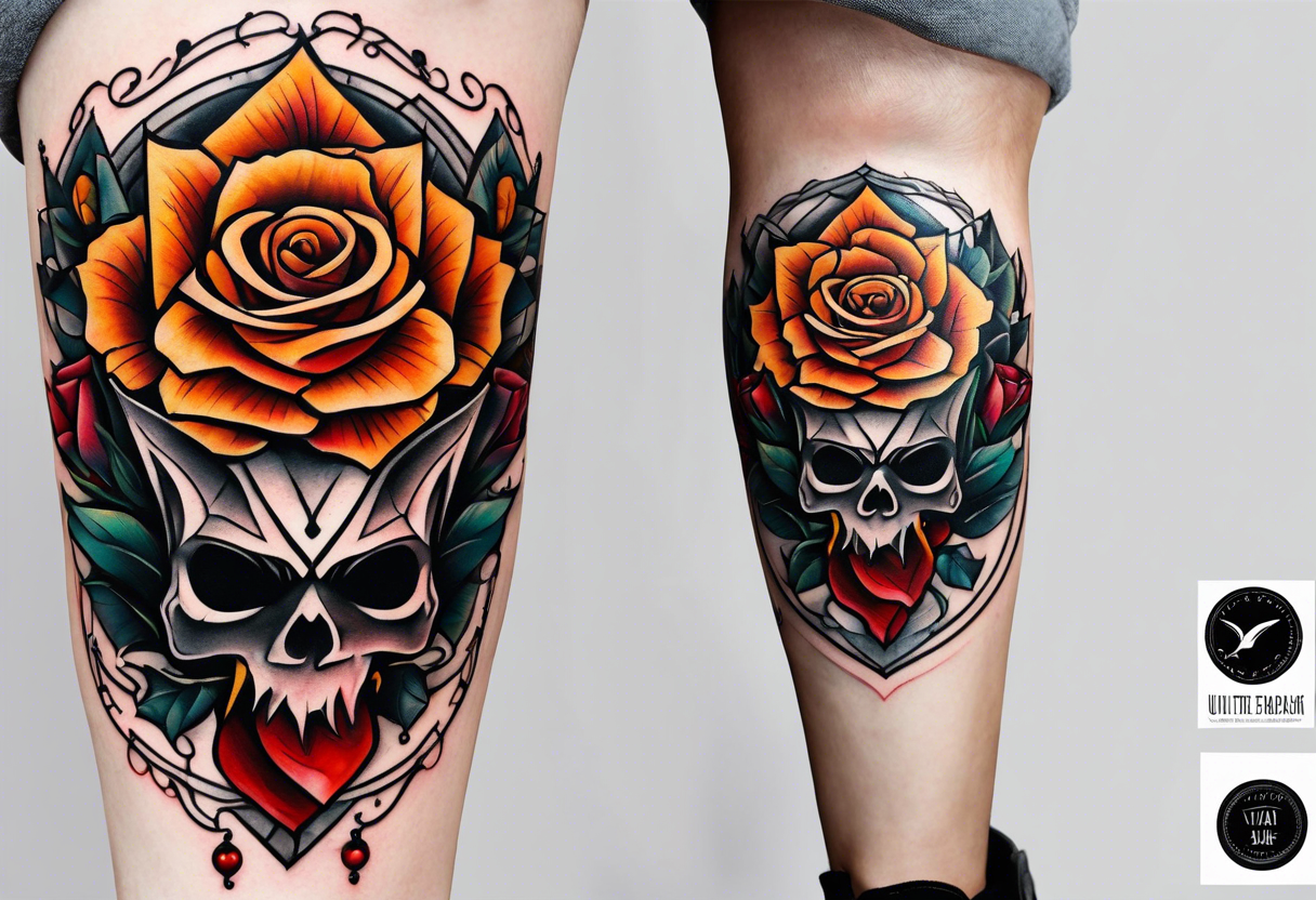 traditional Knee tattoo in fall colors with a Bat face and rose tattoo idea