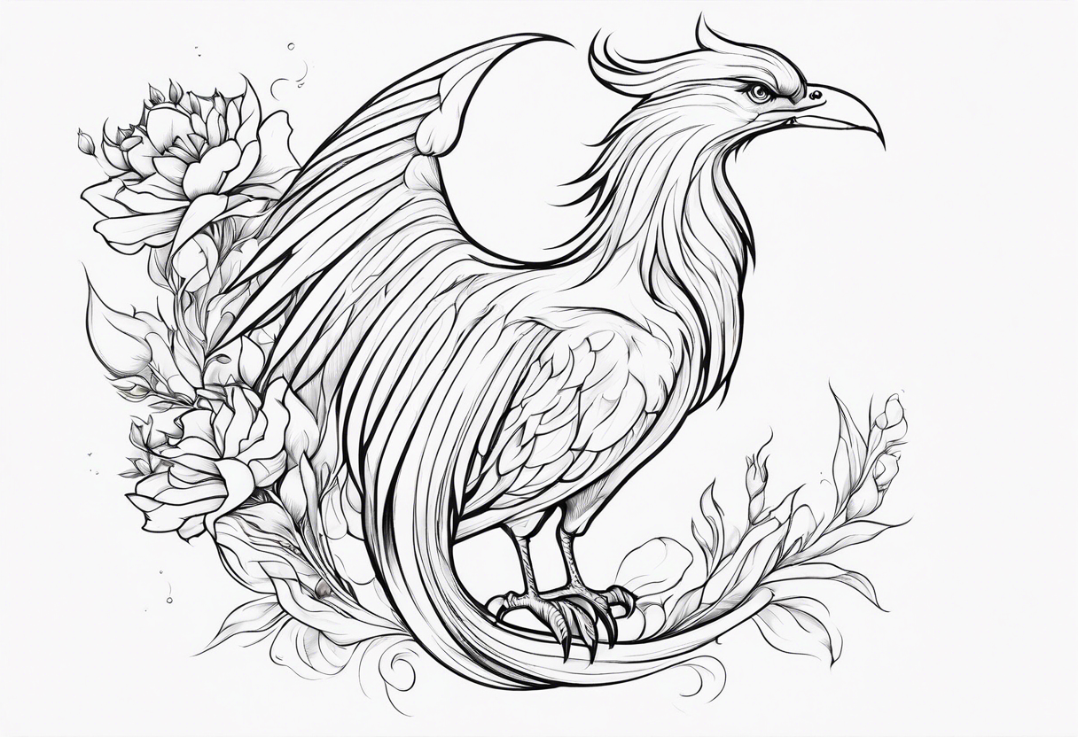 elongated phoenix in profile with claws holding flowers tattoo idea