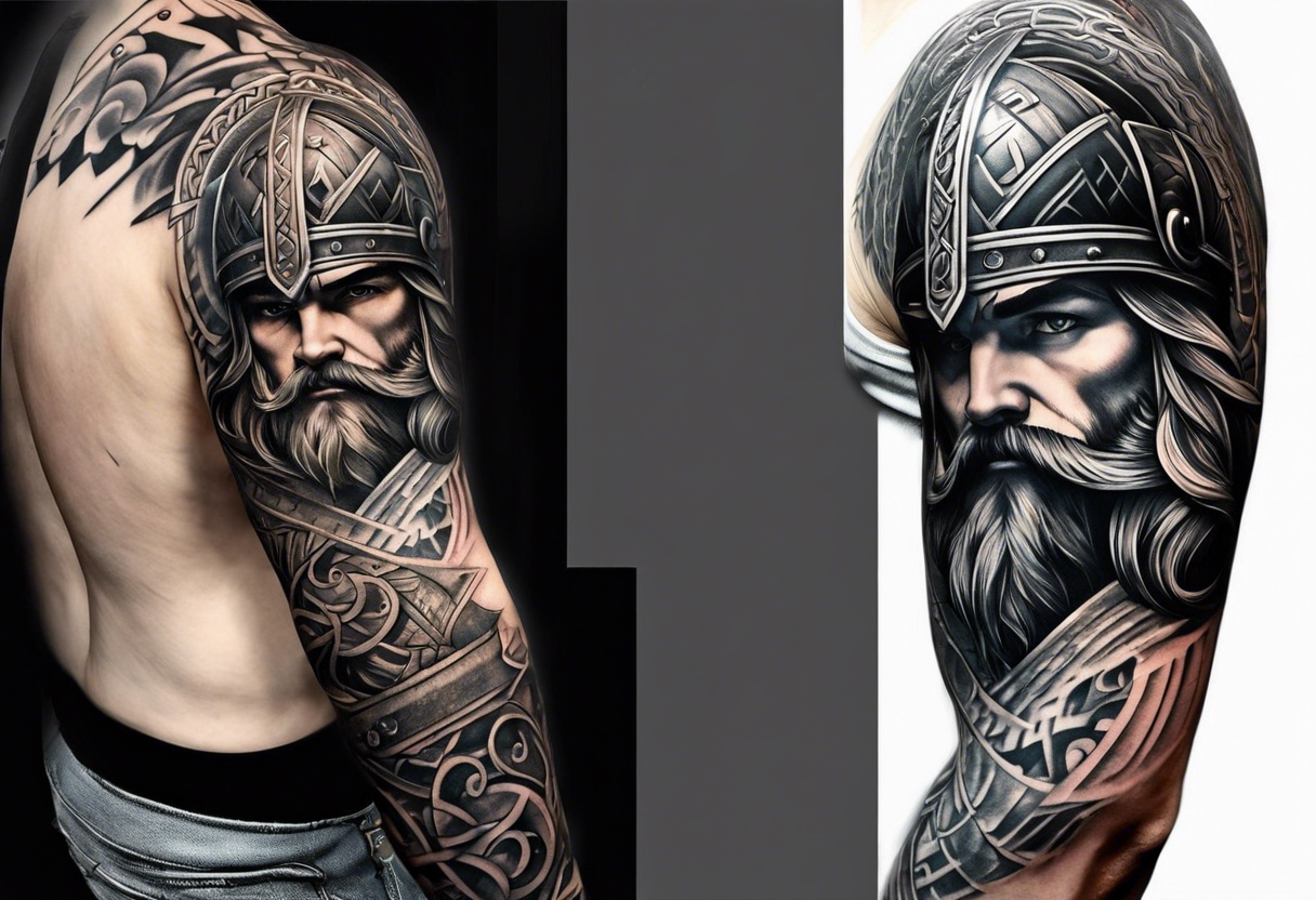 cool viking themed sleave on whole right arm tattoo idea