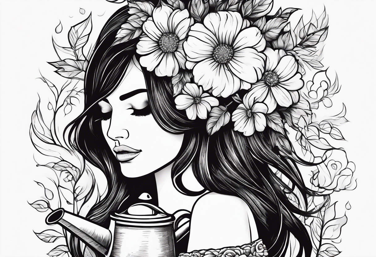 woman with flowers coming out of head with watering can in one hand watering her head with the other arm across her body holding her shoulder tattoo idea