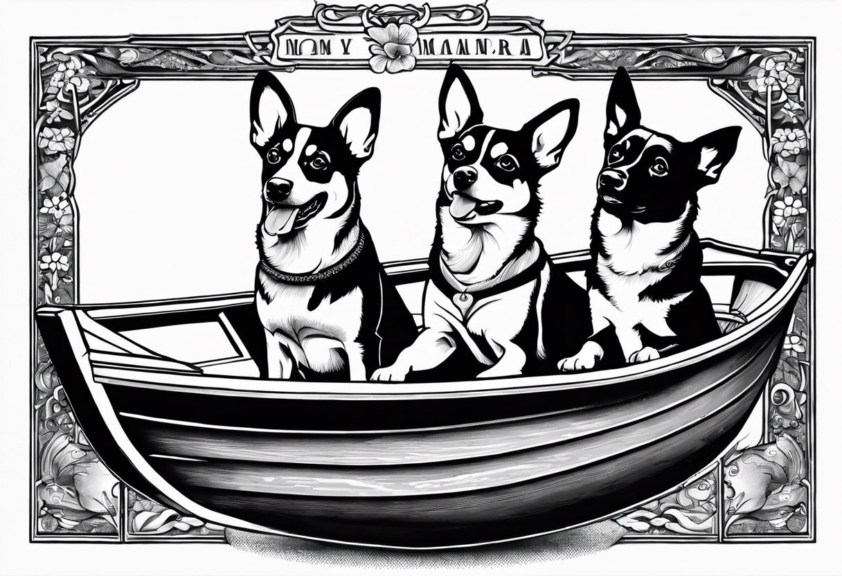 two dogs in a boat. One dog is tan with big ears like a chihuahua. The other dog looks like a corgi but the ears flop down instead of standing up. The name on the boat is McNamara tattoo idea