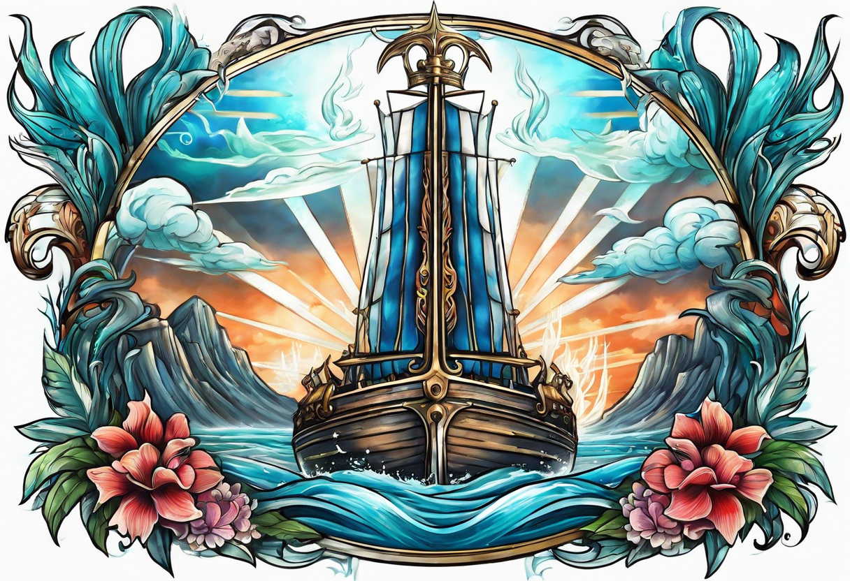 Trident with Atlantis backdrop tattoo idea