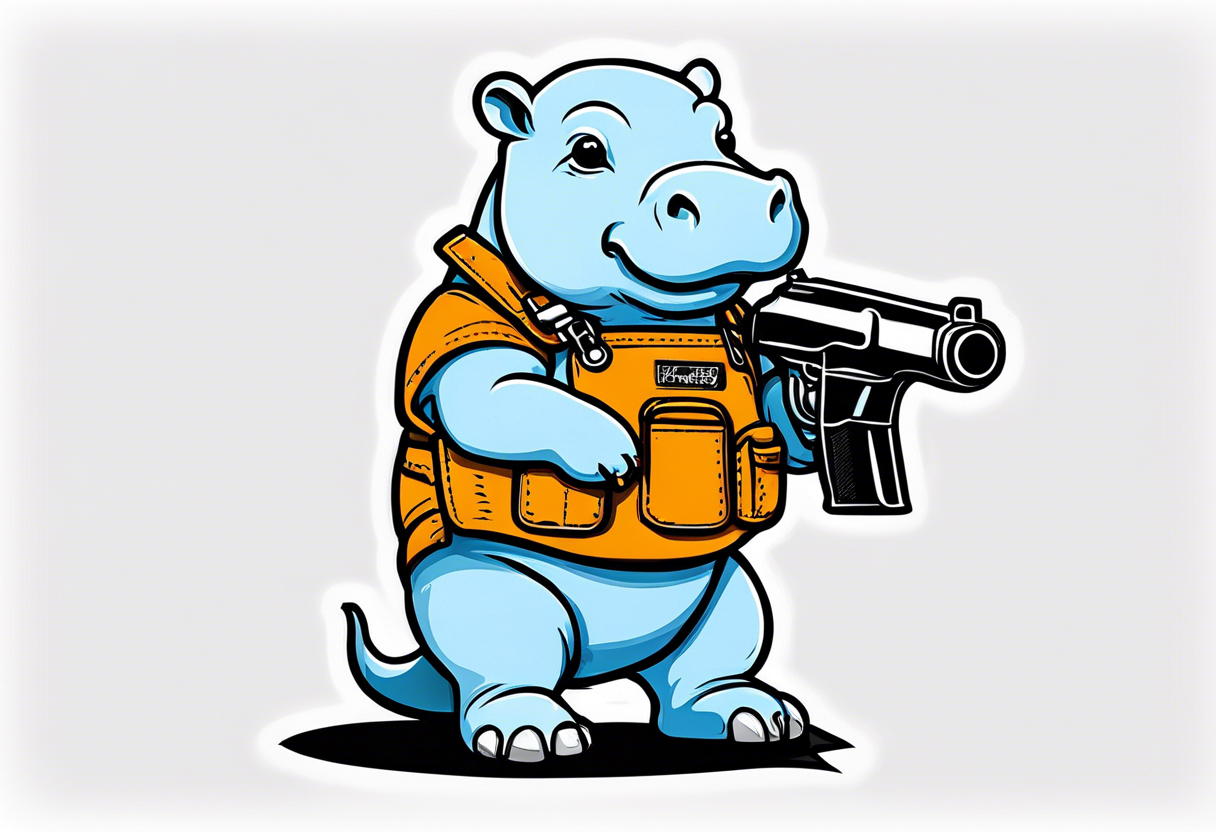 Baby hippo wearing overalls and holding a gun tattoo idea