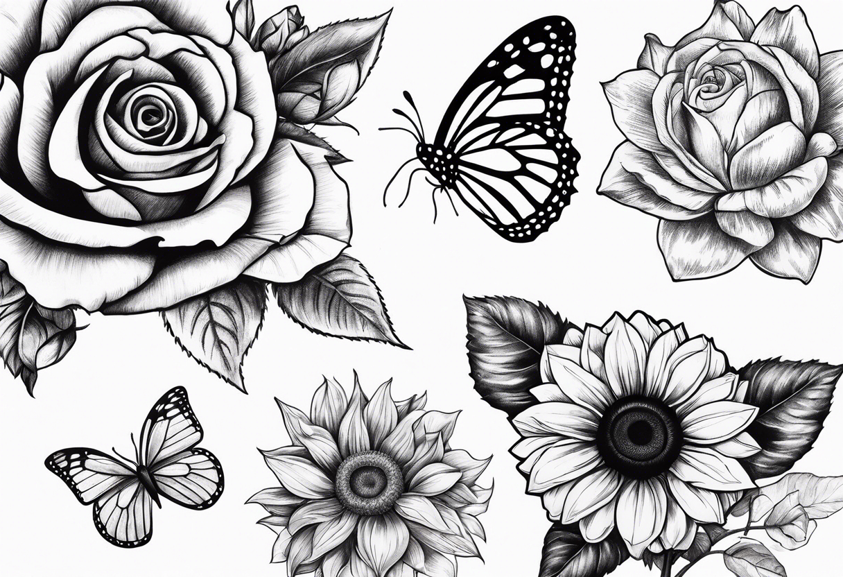 Flower : rose , sunflower, camera, small butterfly tattoo idea