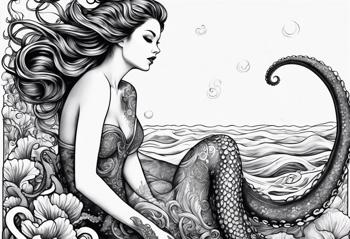 Leg sleeve Octopus looking up at a mermaid in the ocean tattoo idea