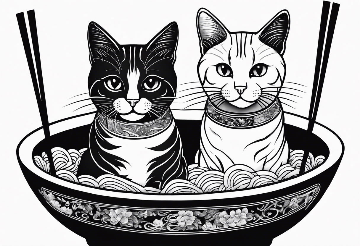 Two tabby cats sitting in a ramen noodle bowl tattoo idea