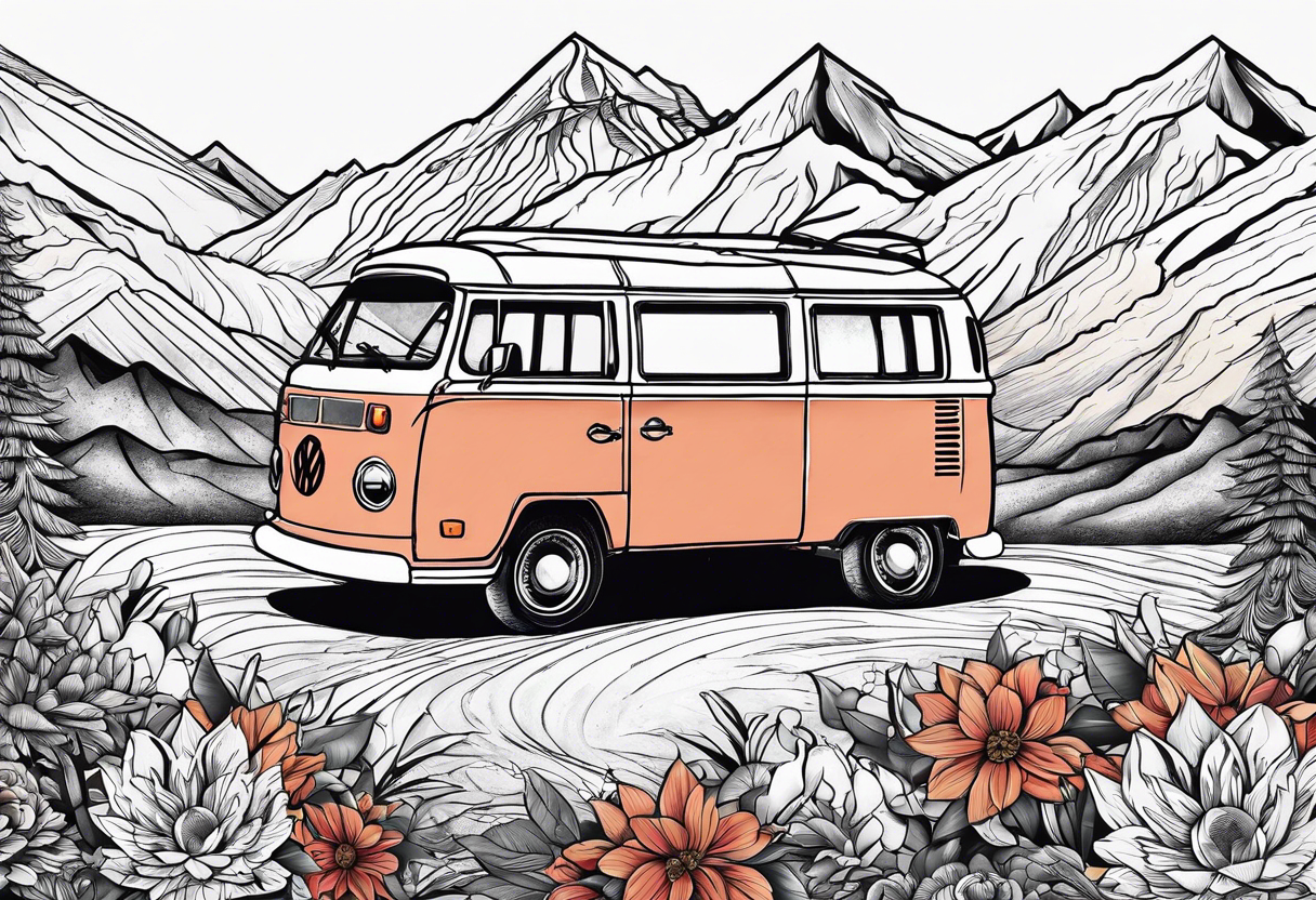 directional Compass rose, mountains and VW Komi campervan tattoo idea