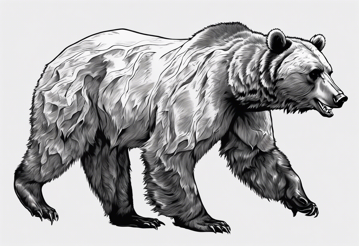 A transparent growling grizzly bear standing on hind legs and inside the bear a realistic depiction of the triglav mountain in slovenia and under the sea pounding the mountain. All inside the bear tattoo idea