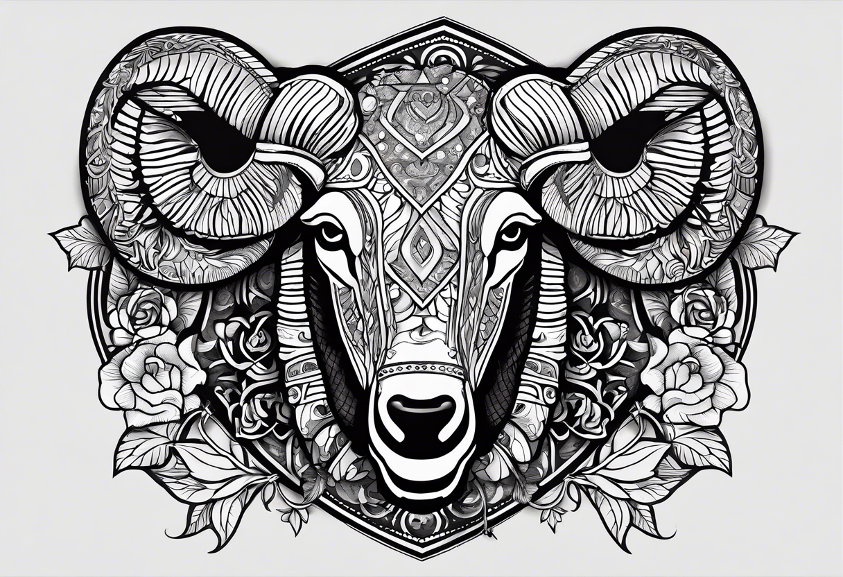 tattoo design containing the following objects: ram head, floorball ball, hockey stick, fishing rod tattoo idea