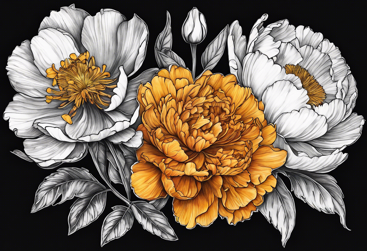 marigold, peony, and narcissus laying side by side, less than 3 inches tall tattoo idea