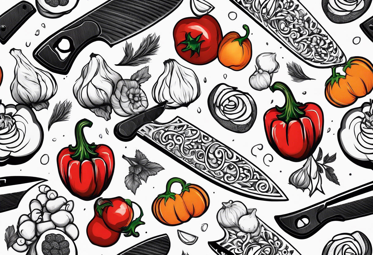 simple Chef knife with vegetables inside blade tattoo idea