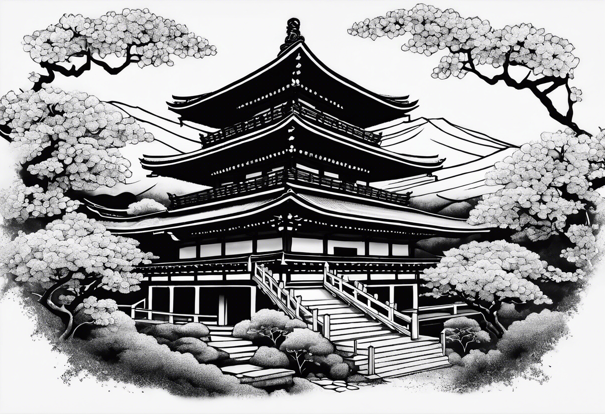 Japanese temple with cherry blossom leaves closer to foreground tattoo idea