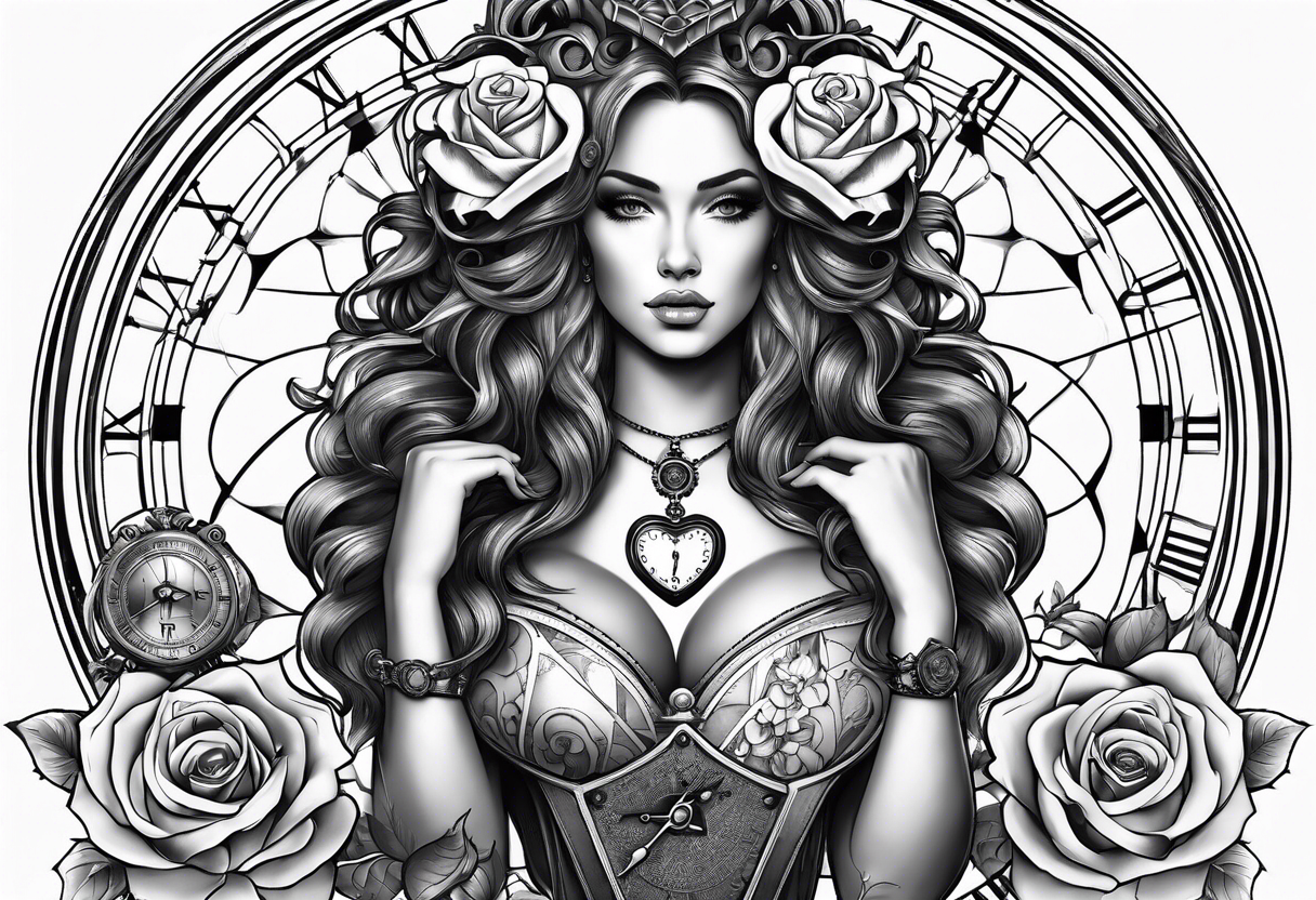 Women holding a mechanical heart roses, time watch, lion, strength tattoo idea