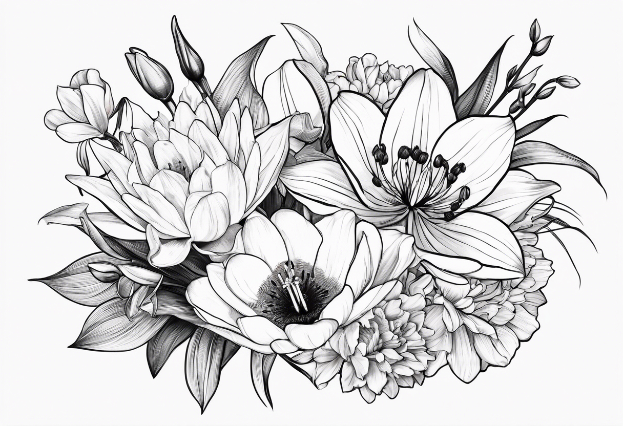 A small, line work bouquet of flowers with a water lily, gladiolus, poppy, lily of the valley, daffodil, and a honey suckle. With long stems and tied with a bow tattoo idea