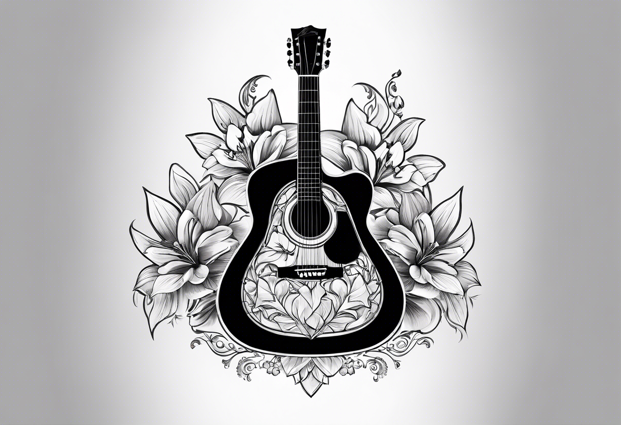 flat basic black acoustic guitar, entire guitar, wrapped with lilies around the neck, with a simple black star on the guitar body. meant for the inside of a woman's bicep tattoo idea