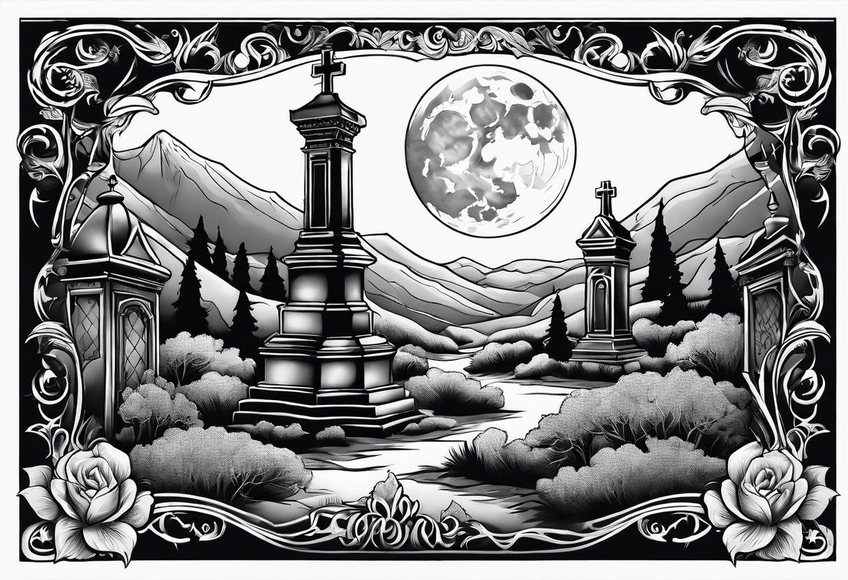 Cemetery on hills with smoke and moon tattoo idea