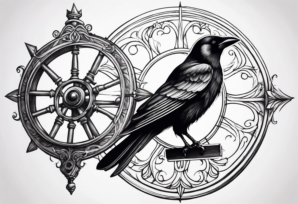 Magnificent, spinning wheel with spindle and crow from sleeping beauty tattoo idea